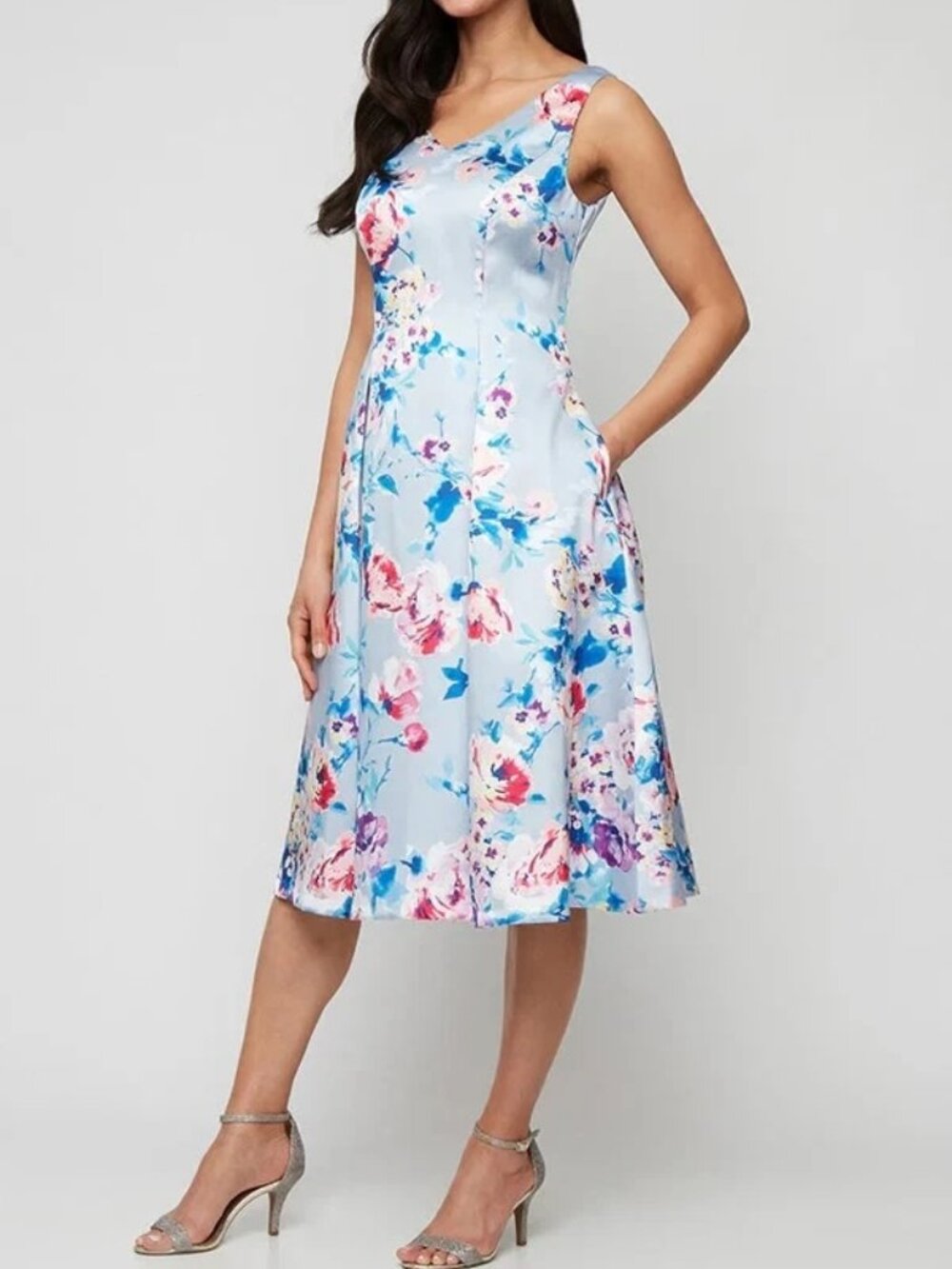 Alex Evenings Blue Lilac Multi Floral Sleeveless A-Line Midi Dress